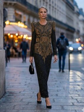 Vintage 80s Black & Gold Beaded Art Deco Maxi Dress Gown - US 6